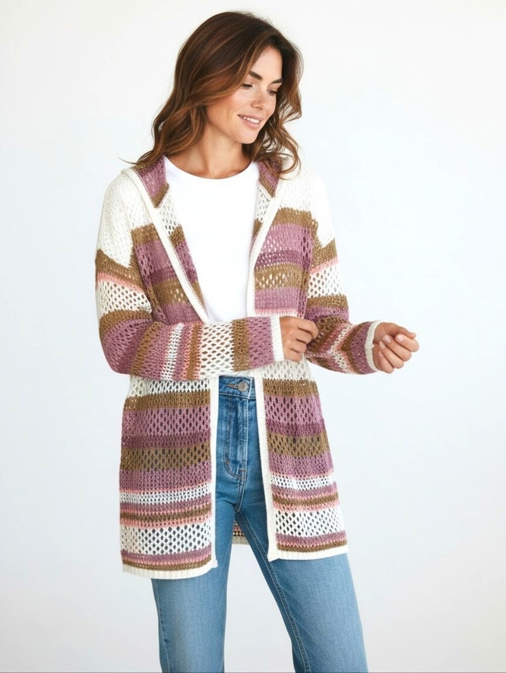 NWT KORI Tan/Cream/Pink Striped Open Weave Open Front Hooded Cardigan Sz MED/LG